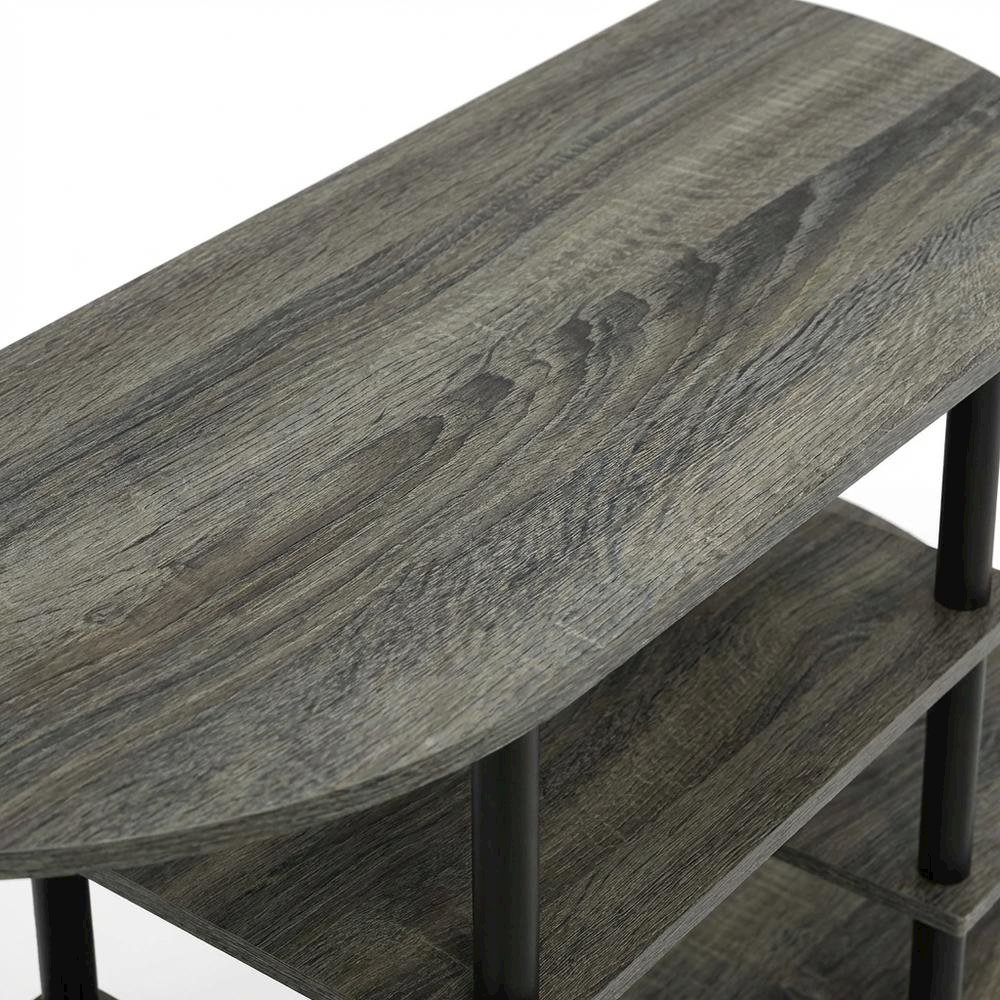 Corner TV stand in French Oak Grey/Black, durable composite wood, plastic