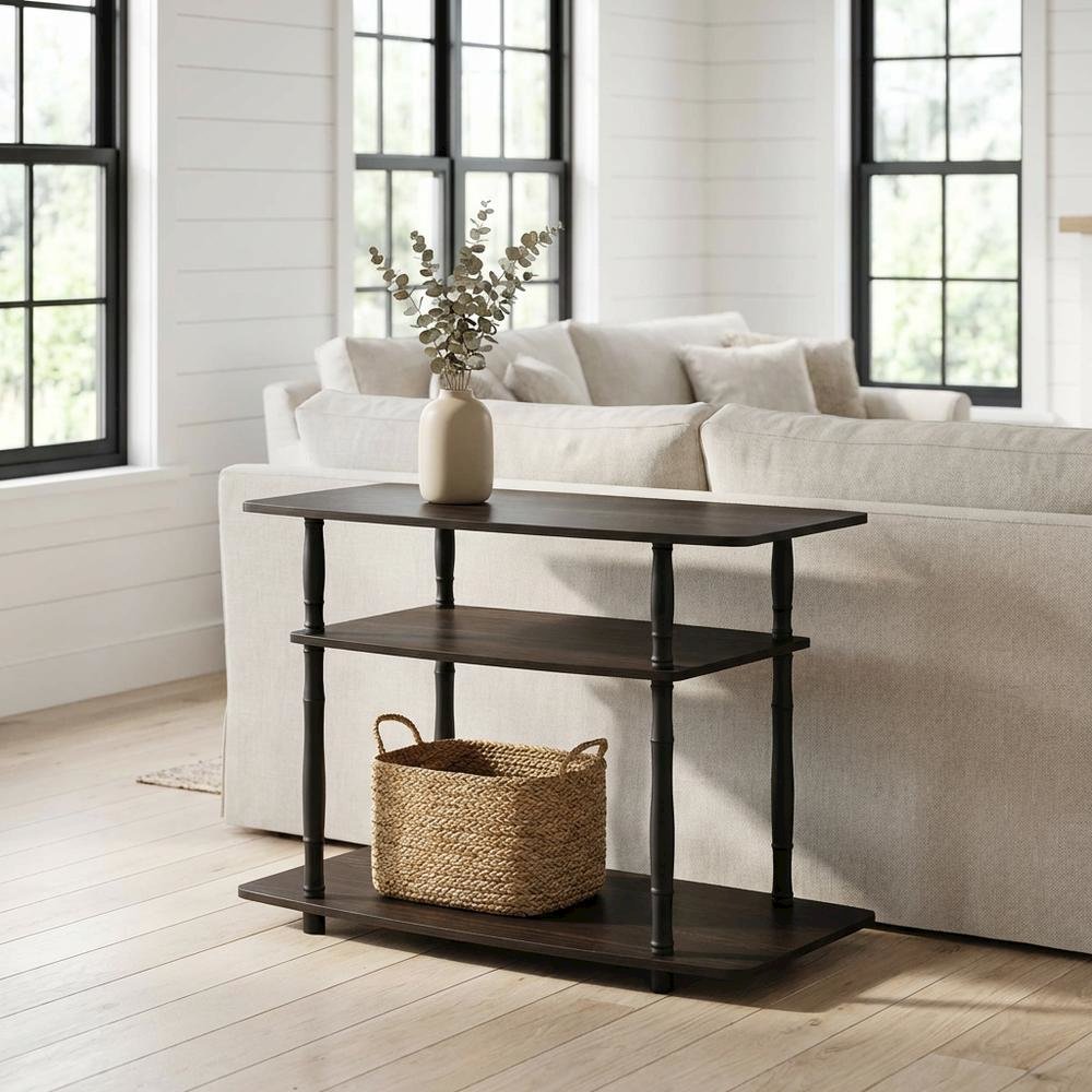 Espresso and Black Wood TV Stand with 3-Tier Open Shelves and Modern Design