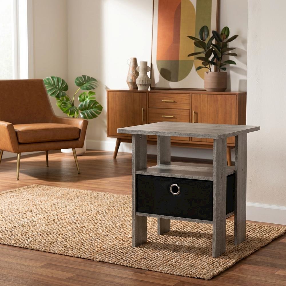 Grey night stand with storage bin drawer, stylish bedroom accent