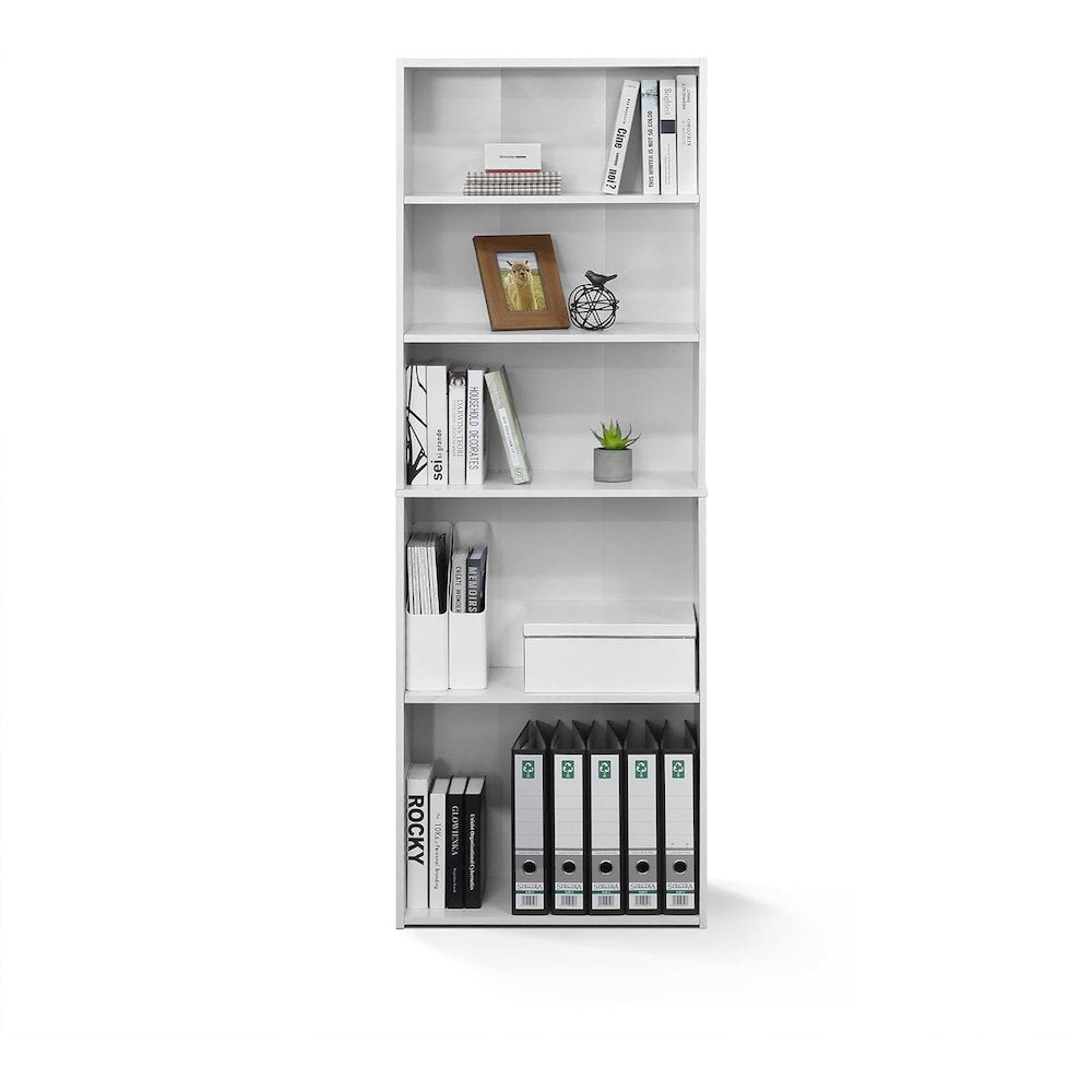 White Wooden Book Shelf with Five Tiers of Wooden Shelves for Home Storage