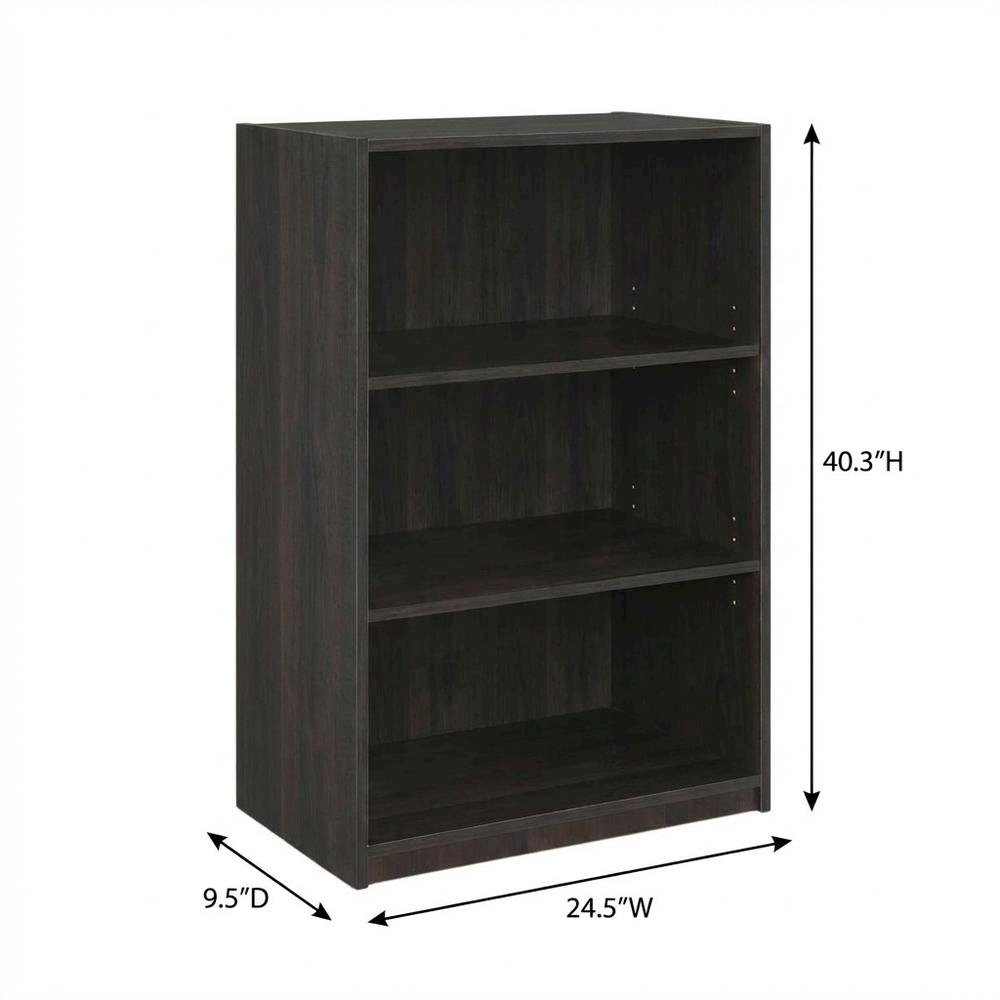 Espresso 3-Shelf Bookcase with Sturdy Wood Frame for Living Room Storage