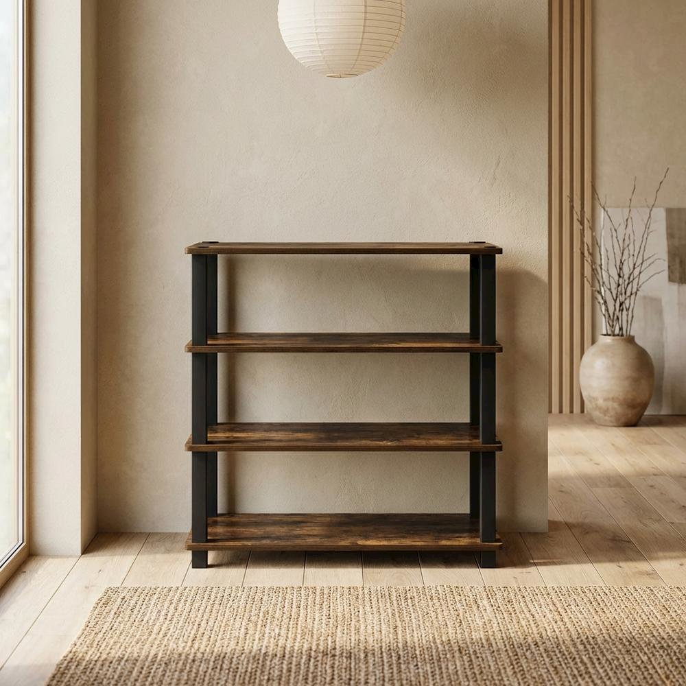 Brown 4-Tier Shoe Rack, Amber Composite Wood, PVC Tubes, Tool-Free