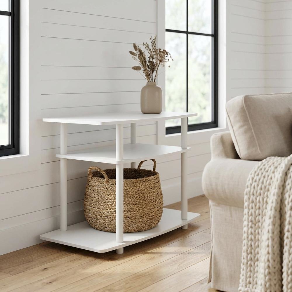 White 3-Tier TV Stand with Rubberwood & Walnut Veneers for Modern Living