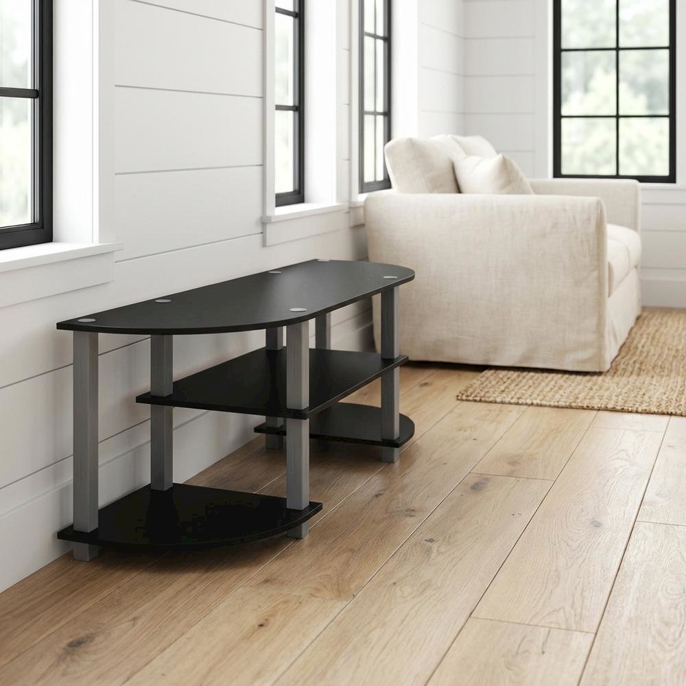 Wide TV Stand with Black and Grey Finish, Composite Wood and PVC Tubes