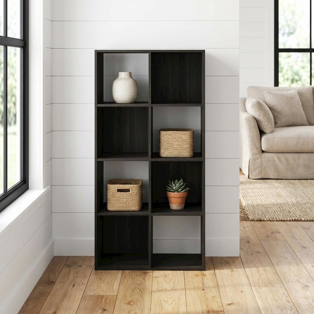 Wooden bookcase with open shelves for home or office storage
