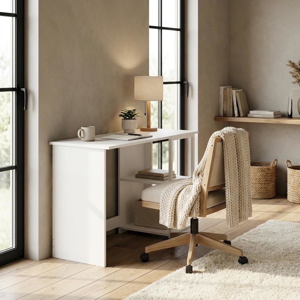 White Modern Living Computer Desk with Sturdy Construction and Spacious Surface