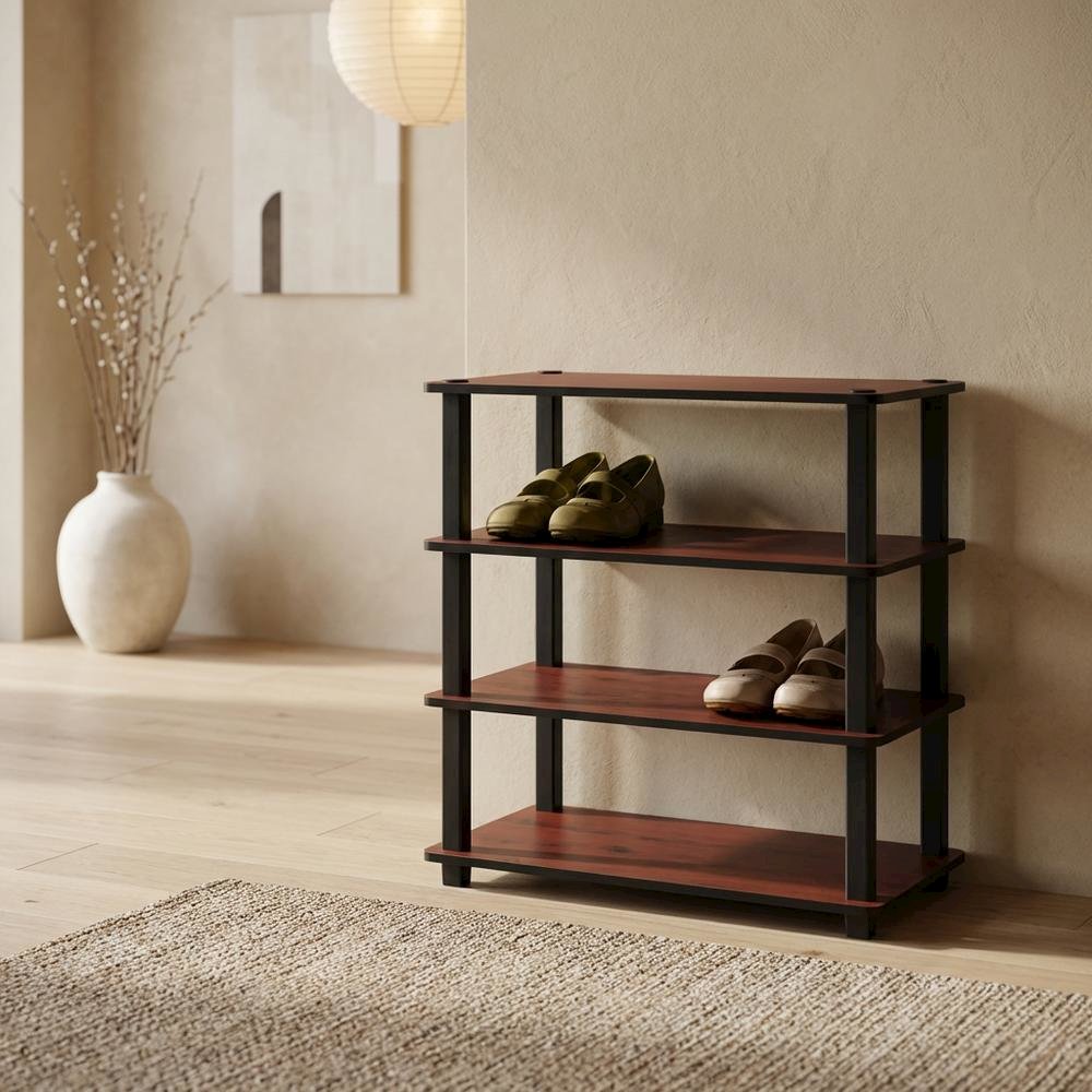 Brown 4-Tier Shoe Rack, Dark Cherry Engineered Wood, Tool-Free Assembly