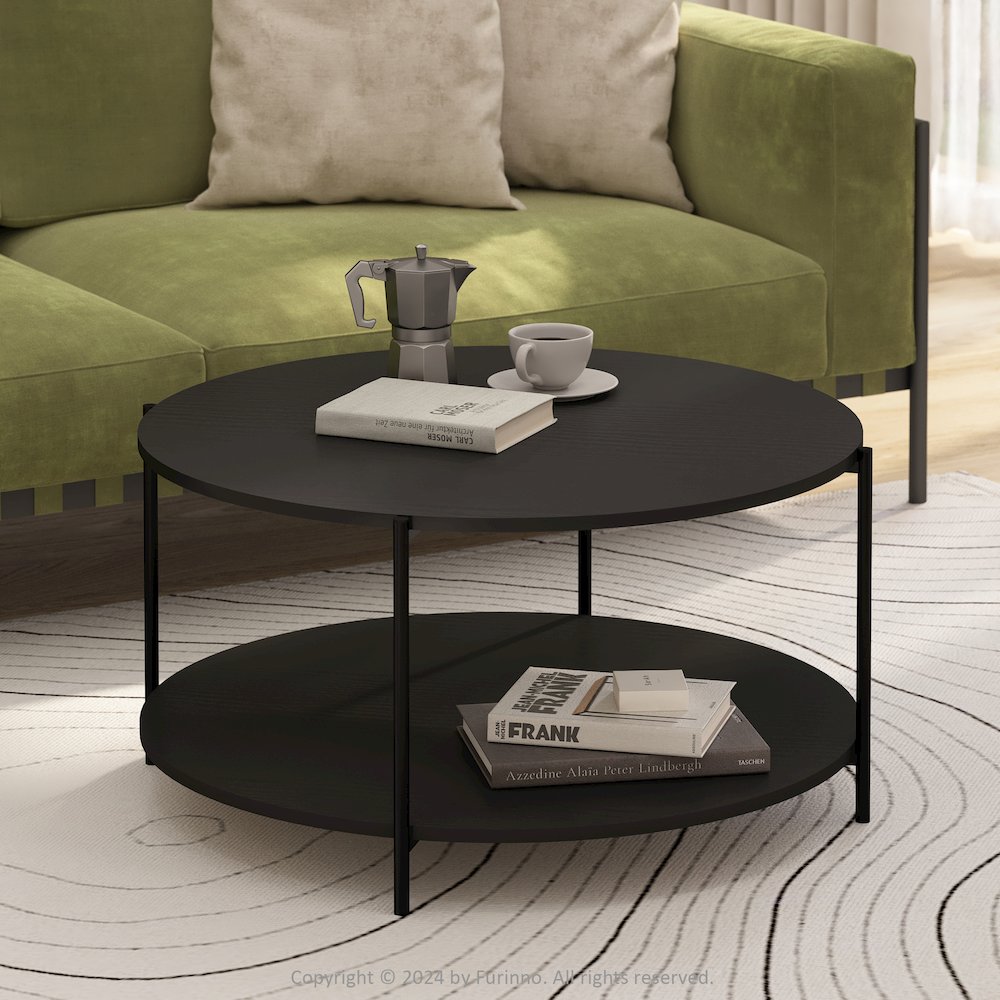 2-Tier Modern Round Coffee Table Table with Sturdy Metal Legs, Americano/Black