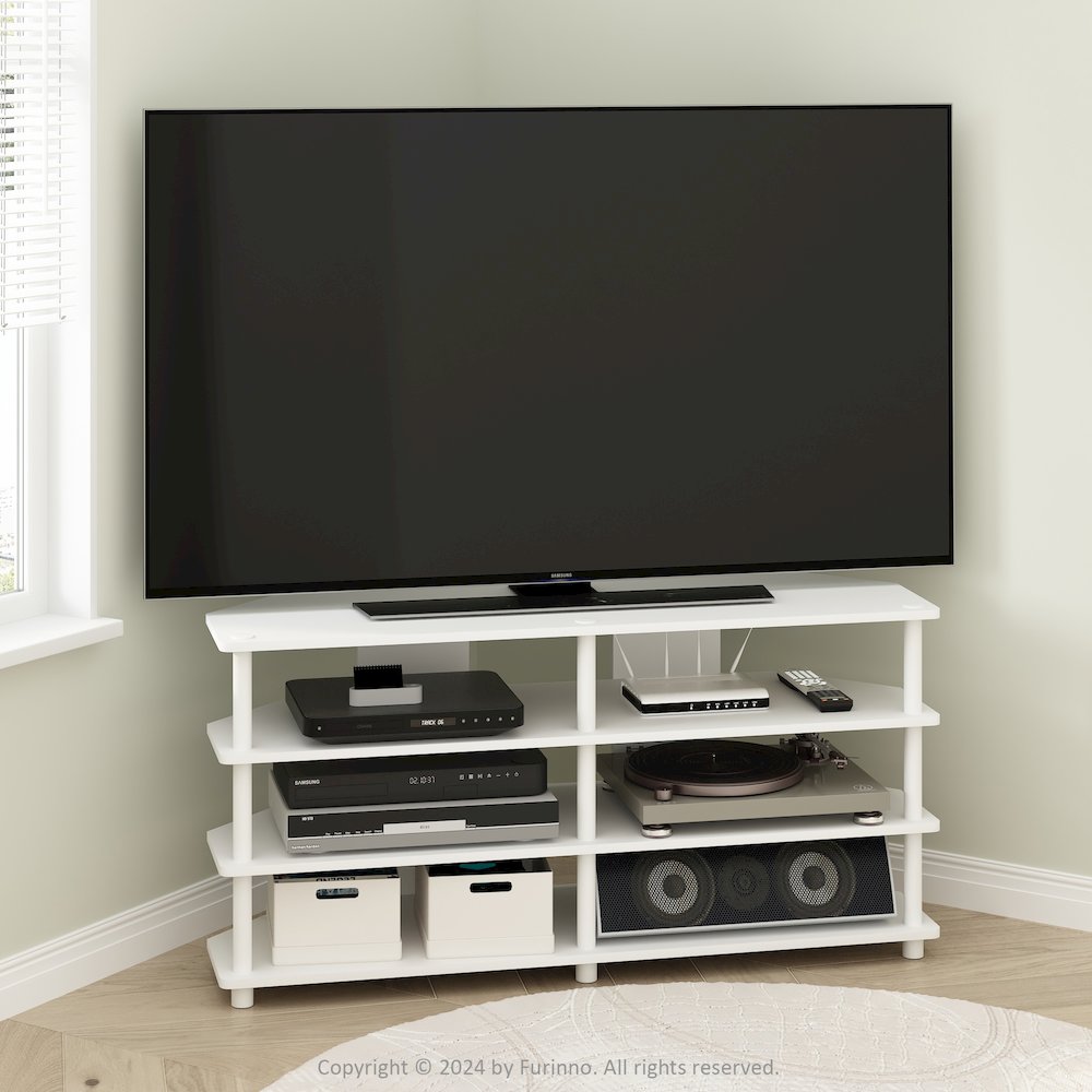 Econ Easy Assembly 4-Tier Corner TV Stand for TV up to 55-Inch, White/White
