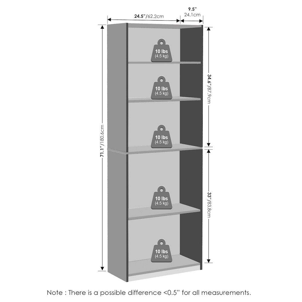 JAYA Simply Home Adjustable Shelf Bookcase, 5-Tier, Amber Oak