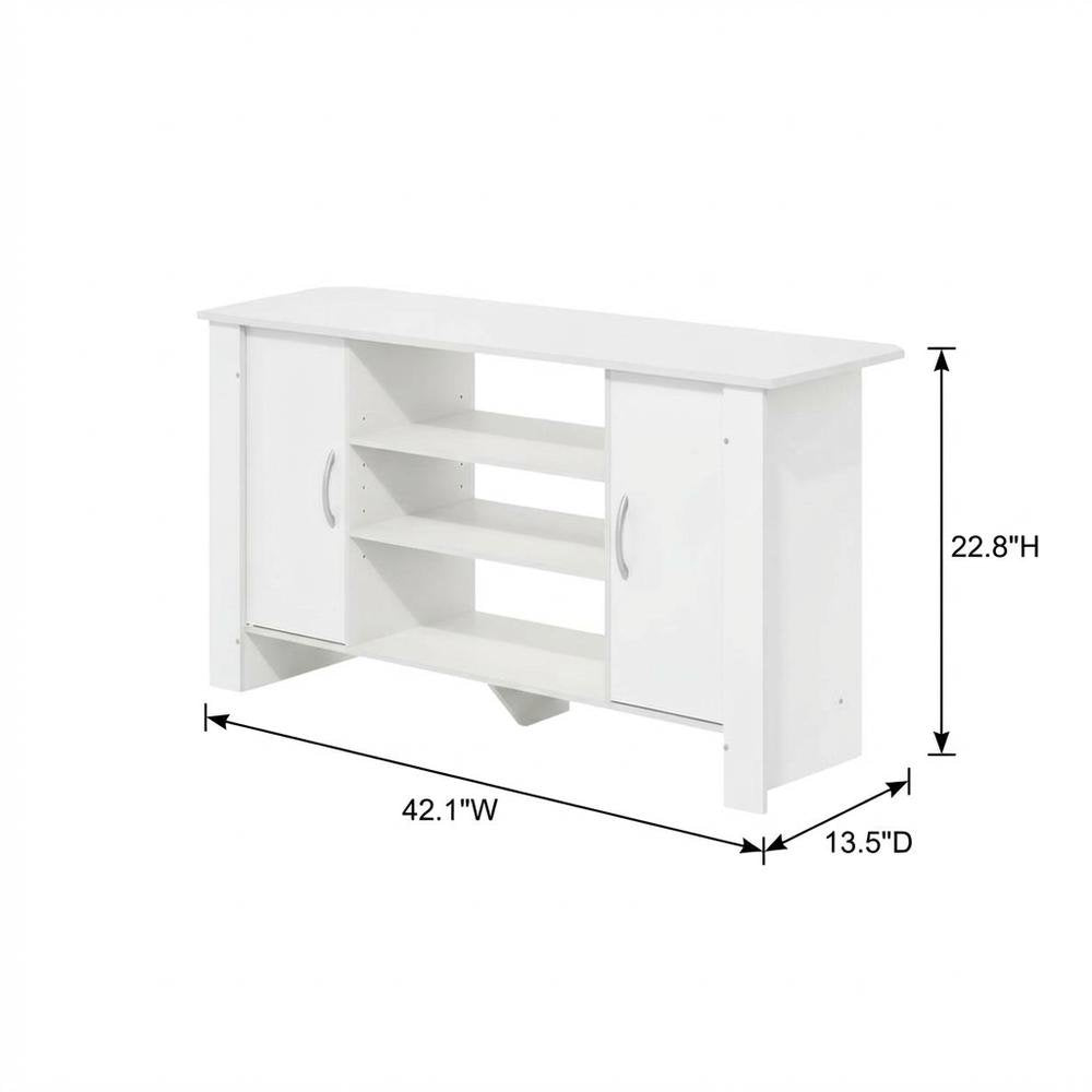White TV Stand with Wood Finish and Storage Shelves