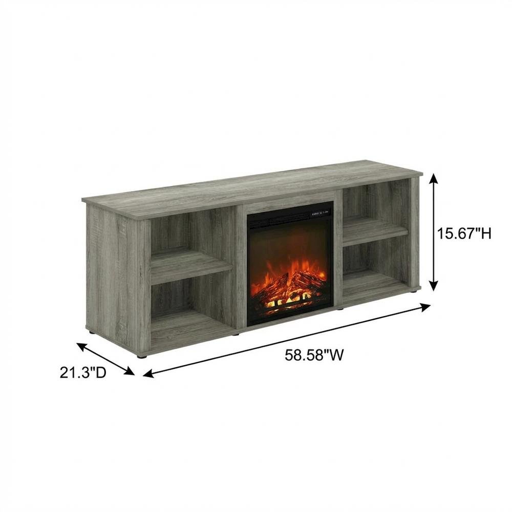 Wood TV Stand with Fireplace and French Oak Grey Finish, Modern Design