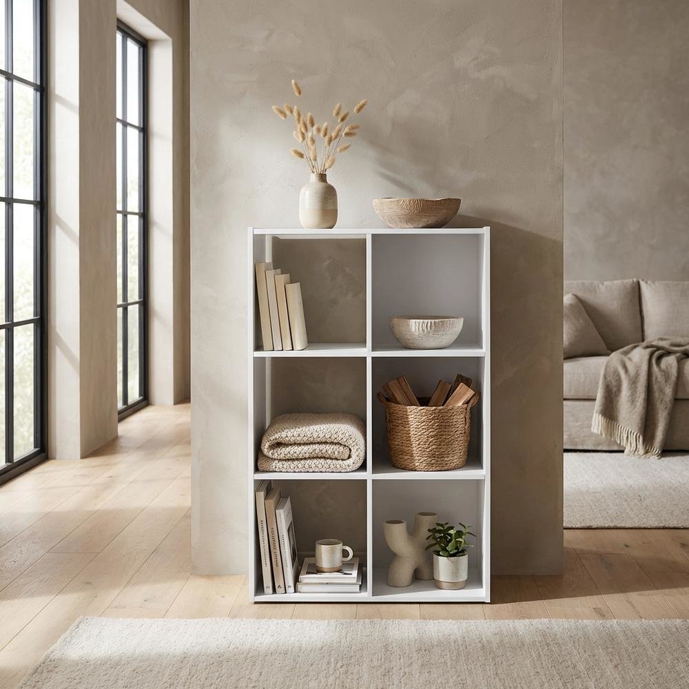 White wood bookcase with open shelves and versatile storage
