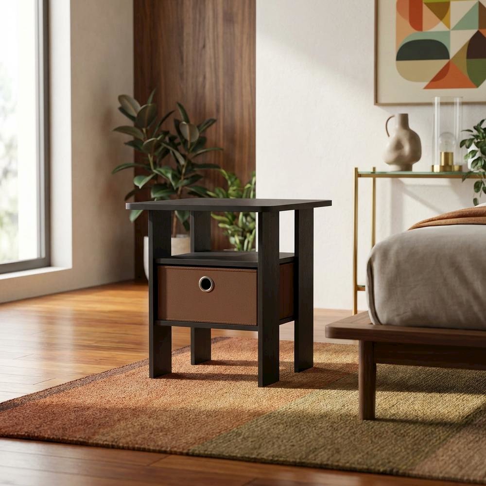 Wood End Table Nightstand with Bin Drawer in Medium Brown