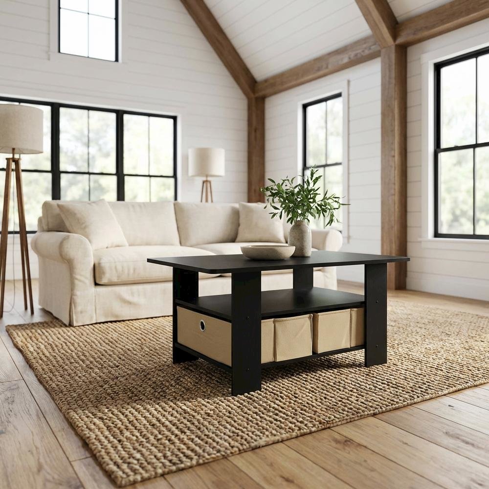 Coffee Table Espresso Brown with Bin Drawer and Sturdy Wood Construction