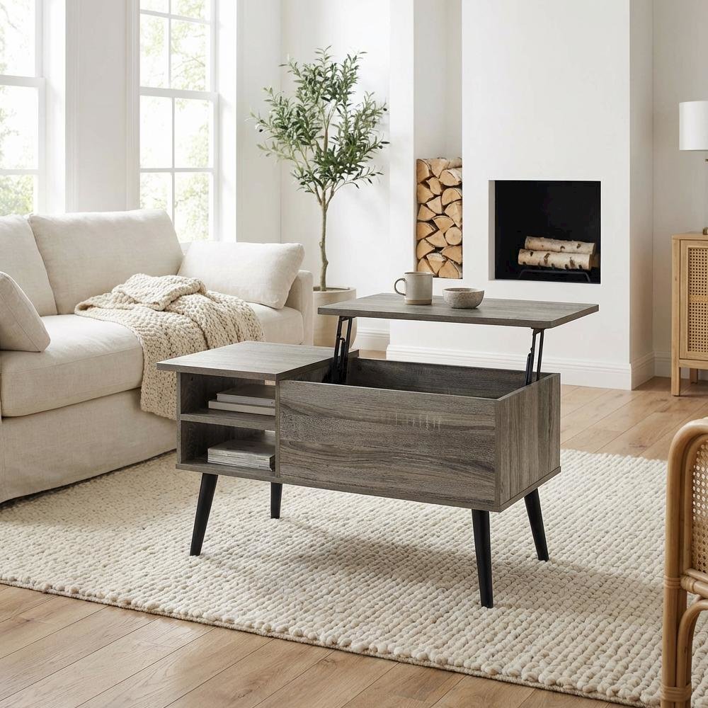 Grey Oak Lift Top Coffee Table with Storage Shelf and Hidden Compartment