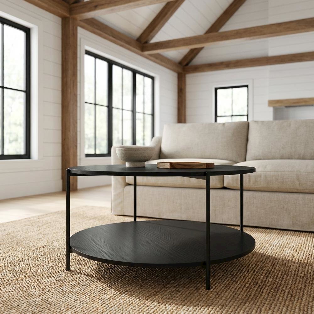 Dark Americano 2-Tier Round Coffee Table with Storage Shelf and Metal Legs