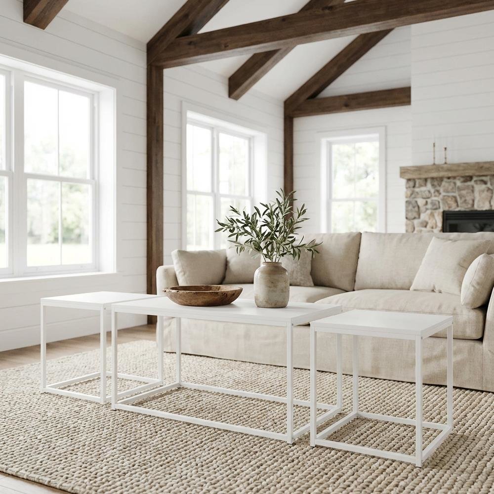White 3-Piece Living Room Tables Set with Coffee and End Tables, Side Tables