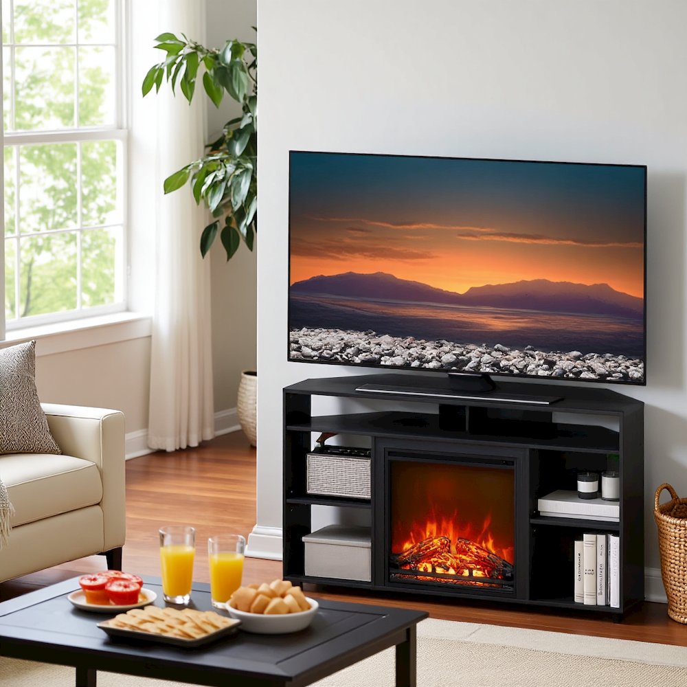 Black 55 Inch Fireplace TV Stand with Five Shelves and Electric Flame Display