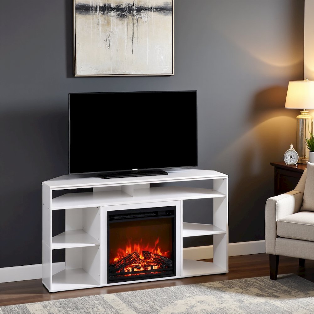 White TV Stand with Fireplace Insert and Six Open Shelves for 55 Inch Displays