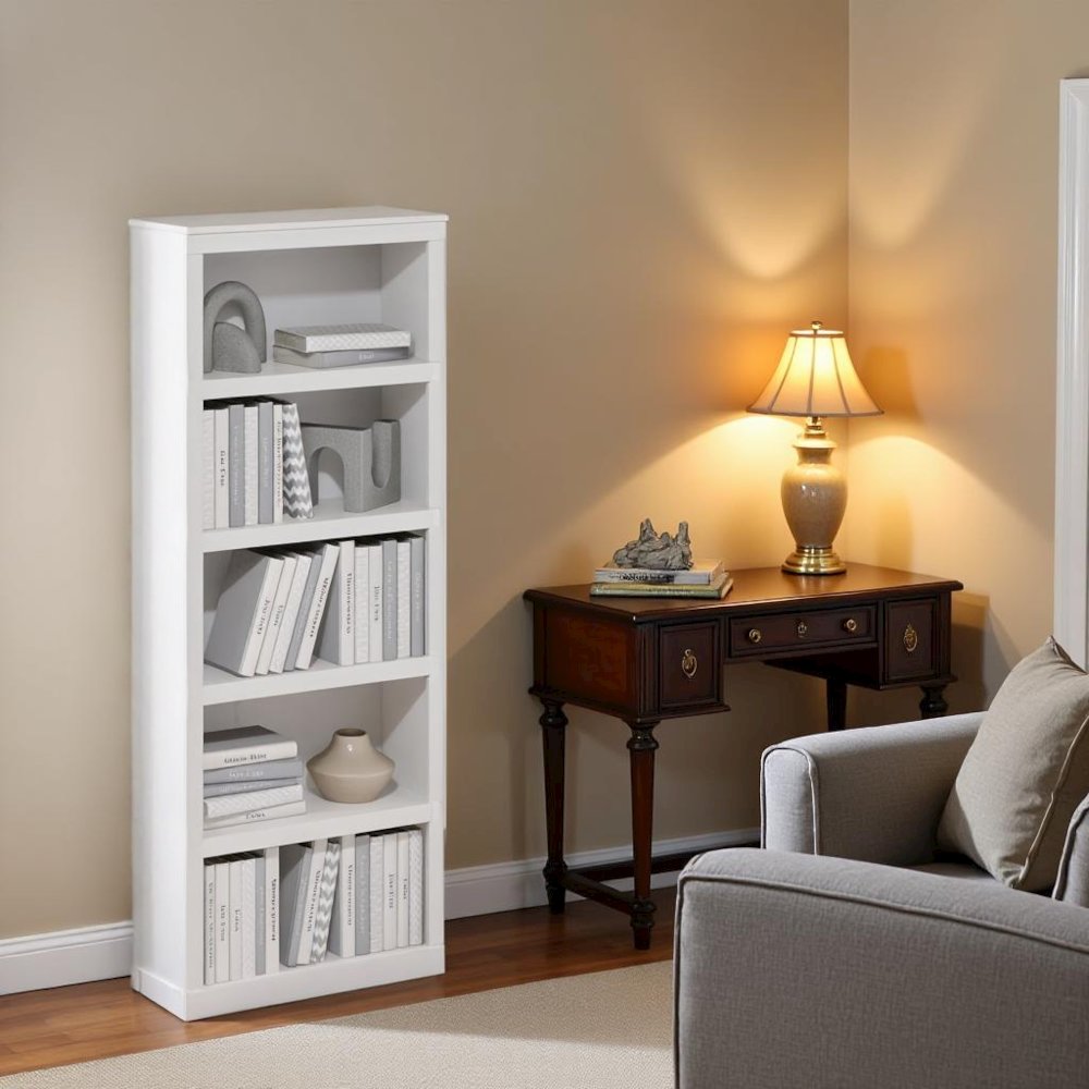 White Wooden Book Shelf with Five-Tier Wooden Shelves for Home or Office