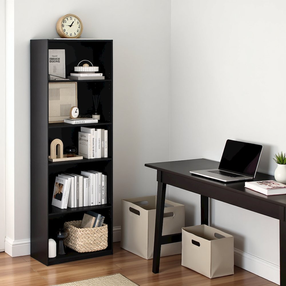 Black Wooden Book Shelf Featuring Five Tiered Wooden Shelves for Display