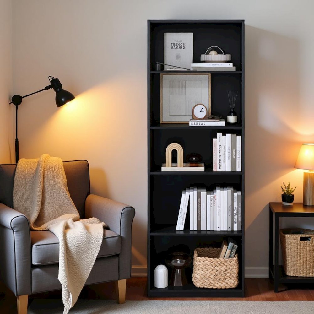 Black Wooden Book Shelf Featuring Five Tiered Wooden Shelves for Display