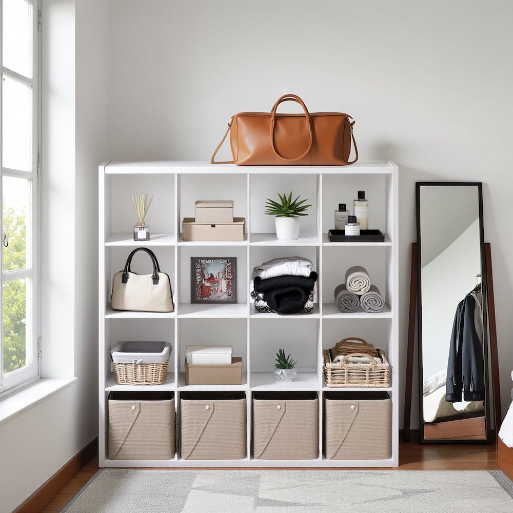 White Engineered Wood 16 Cube Storage Organizer with Open Back Shelves