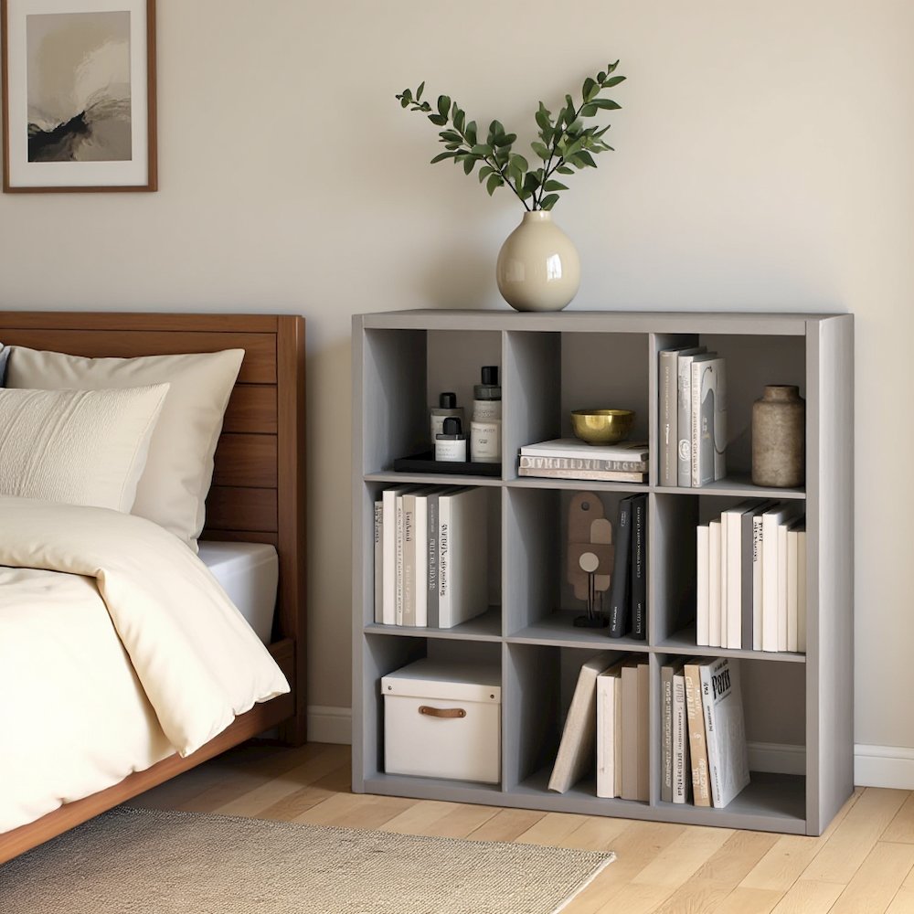 Light Grey Engineered Wood 9 Cube Storage Organizer with Open Back Design
