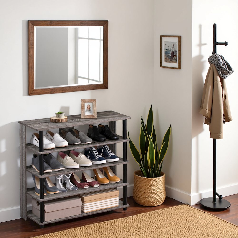 Grey Wooden 5-Tier Shoe Rack Organizer for Entryway and Home Storage