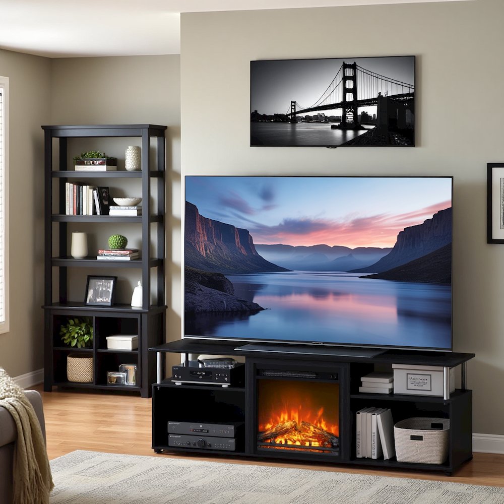 Black 70 Inch Fireplace TV Stand with Four Shelves and Elegant Electric Insert