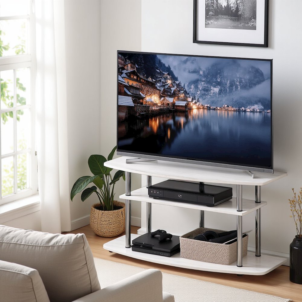 White Wood 50 Inch TV Stand with 3-Tier Shelves, Modern TV Console