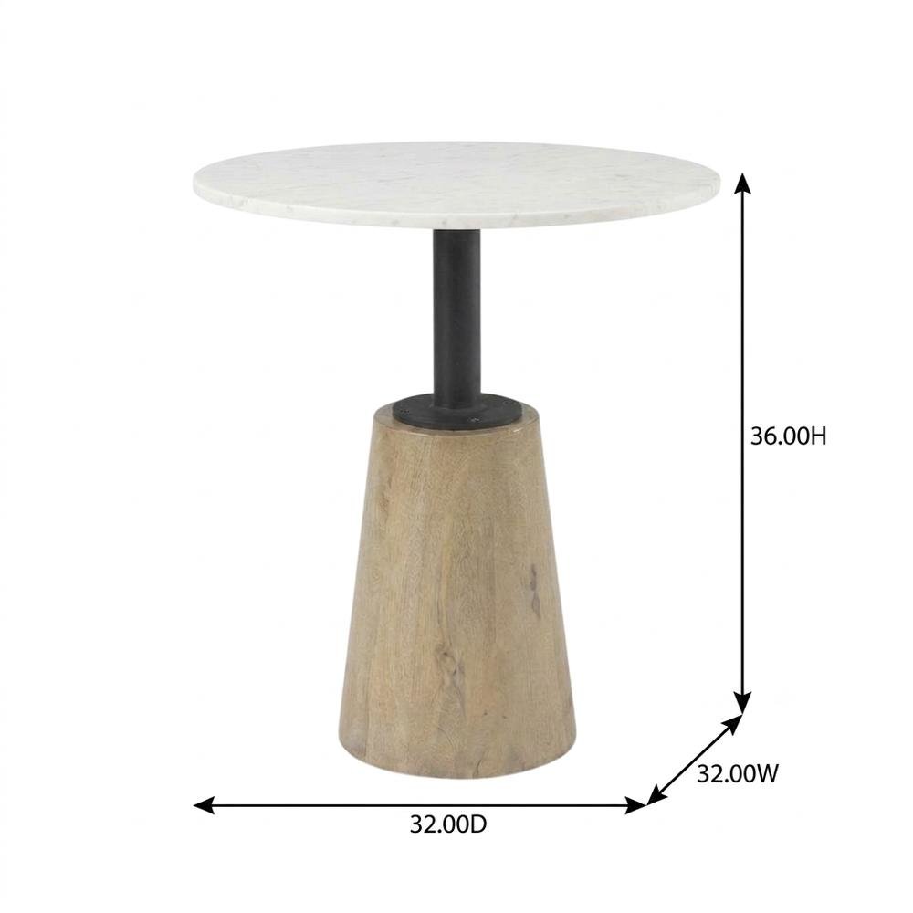 Round marble tabletop with blonde wood and black metal base bistro table