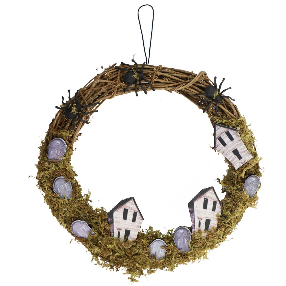 15" Rattan Spooky Wreath with Spiders, Tombstones, & Haunted Houses