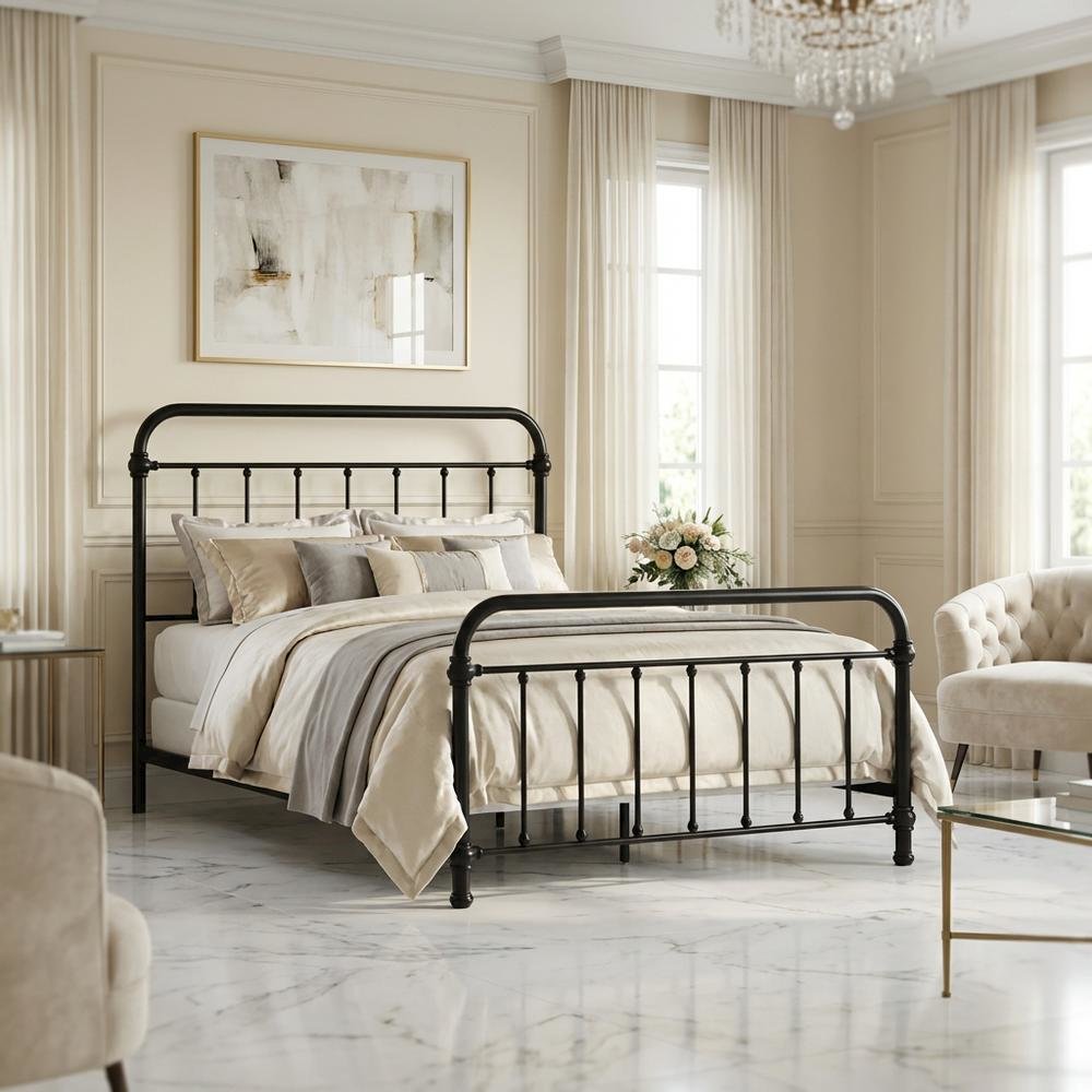 Queen Size Platform Bed with Dark Bronze Metal Frame and Casual Style