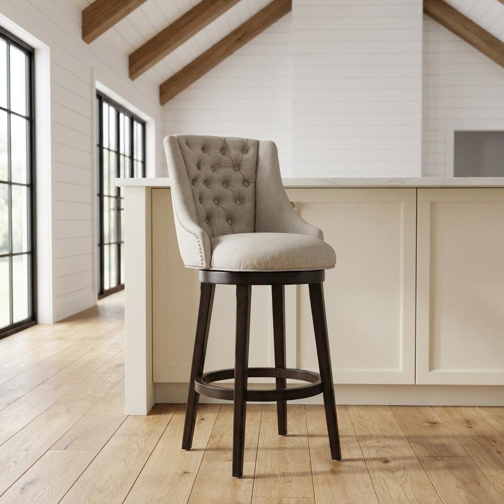 Brown Fabric Round Counter Stool with High Back and Wood Construction