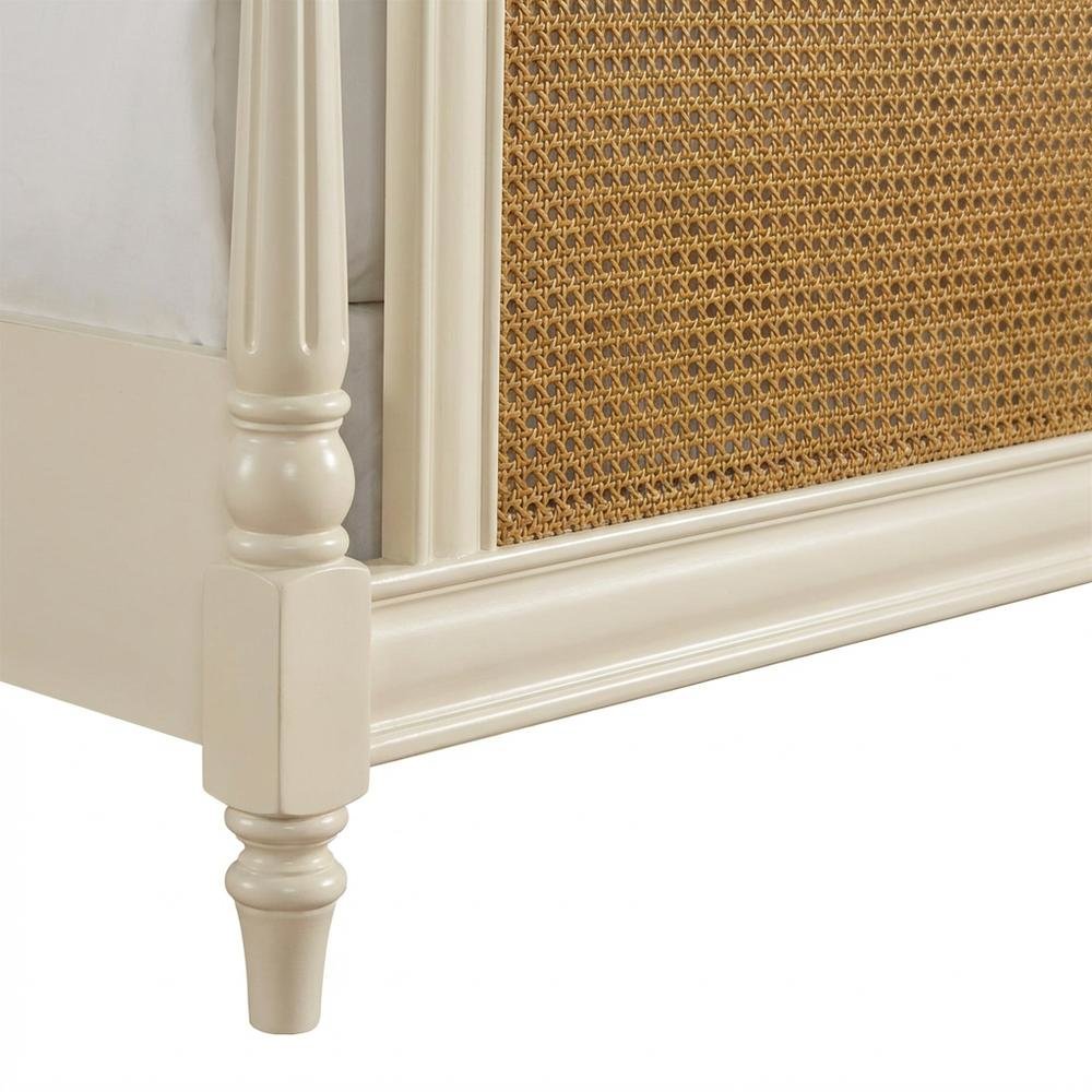 White Farmhouse Queen Bed with Metal Rails and Wood Frame