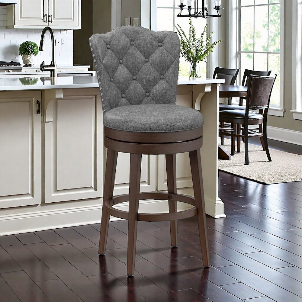 Dark brown Wood Swivel Bar Stool with Round Seat and Arch Back Design