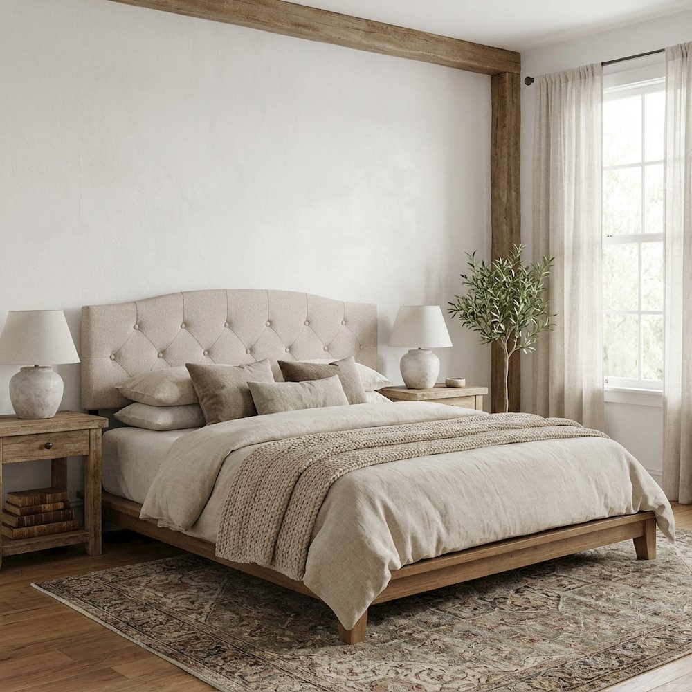 Light Beige Upholstered Tufted King Headboard, Black MDF Frame, Traditional