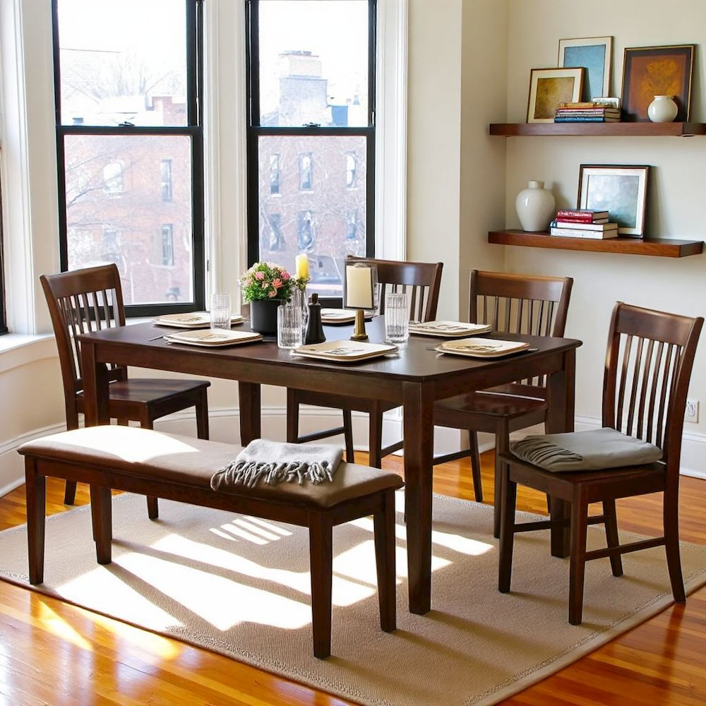 Solid Wood Dining Table with Chairs and Bench, Kitchen Set for 6 People