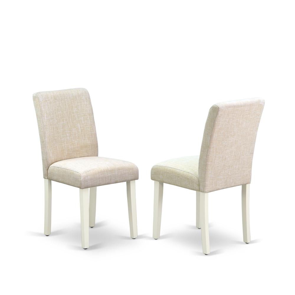 East West Furniture 6-Pc Dining Set-Light Beige Linen Fabric Seat and High Stylish Chair Back Parson Dining room chairs, A Rectangular Bench and Rectangular Top Modern Dining Table with Hardwood Legs
