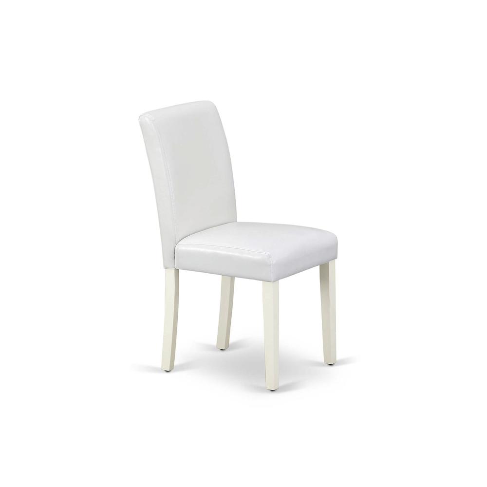 1MZAB5-LWH-64 5Pc Wood Dining Table Set Consists of a Dining Table and 4 Parsons Dining Chairs with White Color PU Leather, Drop Leaf Table with Full Back Chairs, Linen White Finish