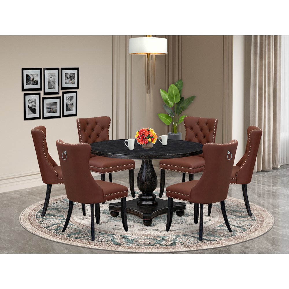 7 Piece Dining Table Set Consists Of 48" Round Table In Burgandy Color