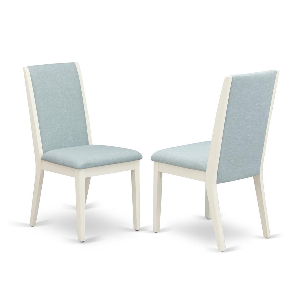 East West Furniture V026LA015-6 6Pc Kitchen Set Includes a Wood Dining Table, 4 Parson Chairs with Baby Blue Color Linen Fabric and a Bench, Medium Size Table with Full Back Chairs, Wirebrushed Linen