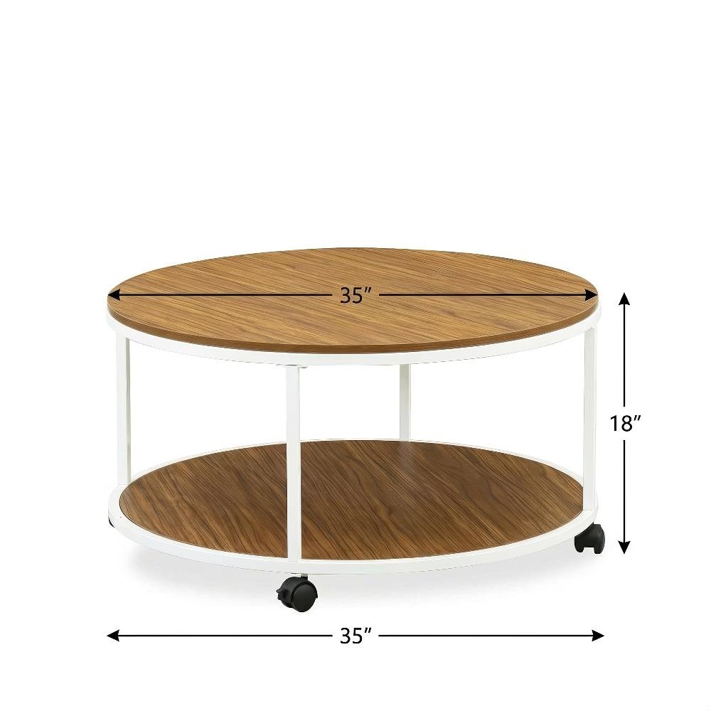 Round White Coffee Table with Solid Wood Frame and Brown Laminate Top