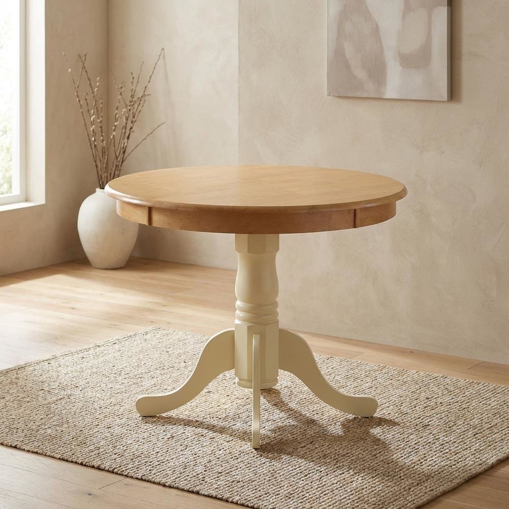 Oak Round Pedestal Dining Table, Buttermilk Accent, Seats 4