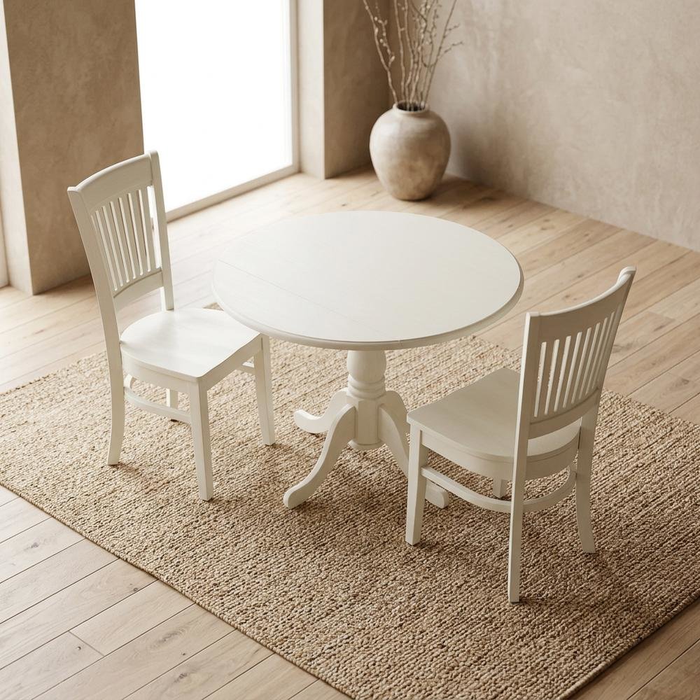 Wood Dining Set 3-Piece, Drop Leaves & Slatted-Back Chairs