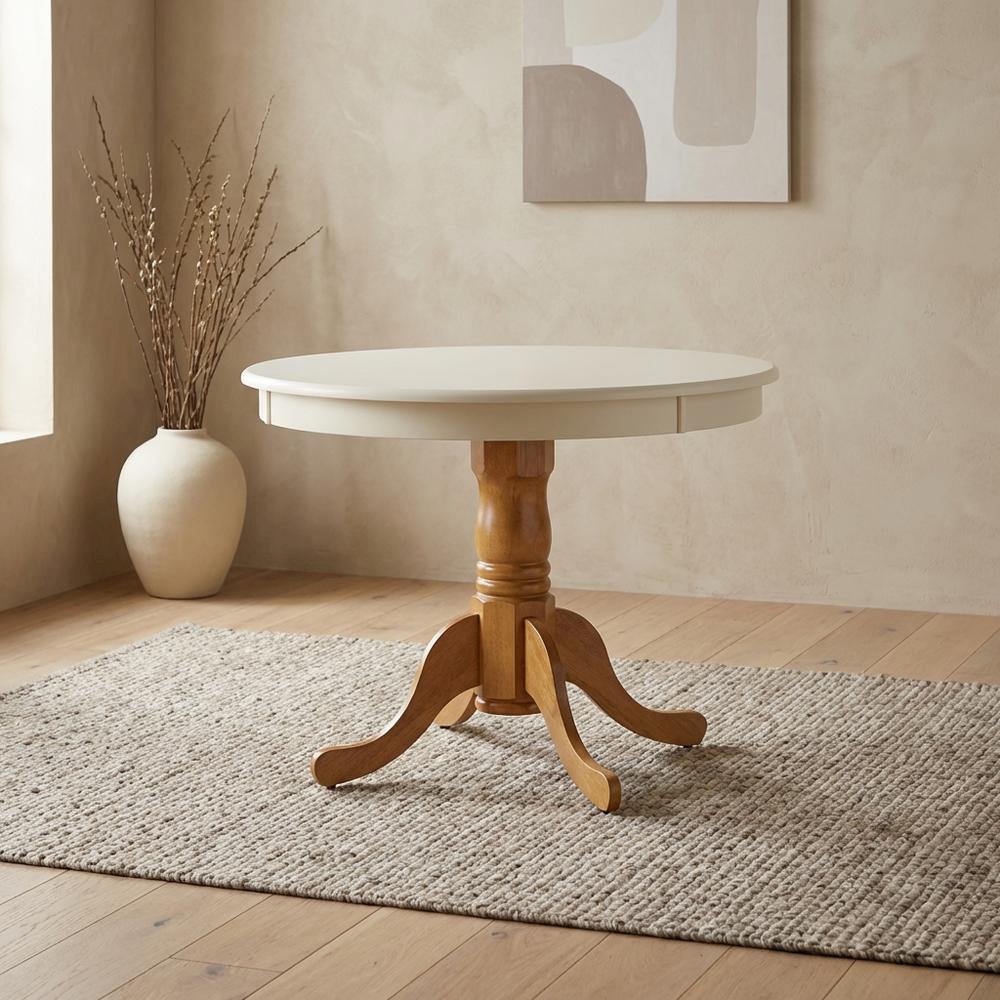 Linen White Oak Round Pedestal Dining Table, Seats 4