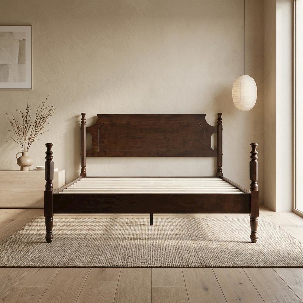 Solid Wood Platform Bed with Headboard, Traditional Queen Size