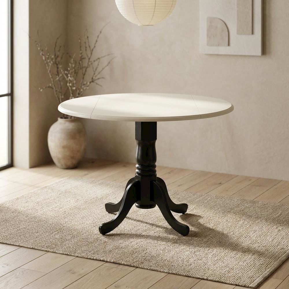 Linen White Drop Leaf Round Table, Pedestal Base, Seats 4